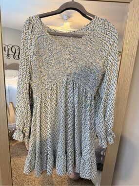 JODIFL Blue, Yellow and Cream Smocked V-Neck Dress